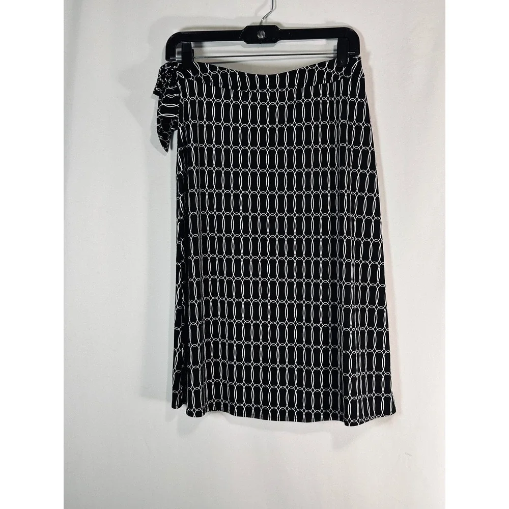 New York & Company Black White Chain Link‎ Wrap Midi Skirt XS Side Tie Geometric